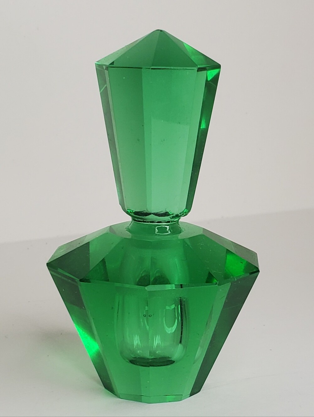 Antique 1930's Green Cut Glass Cubist, Minimalist Geometric Perfume Bottle- Rare